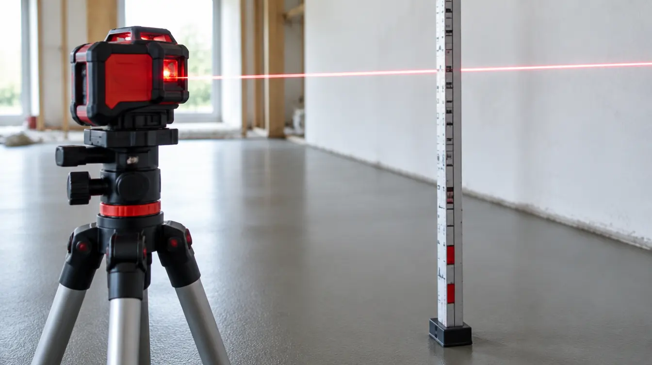 Niwelator laserowy wyznaczający poziom posadzki na budowie
